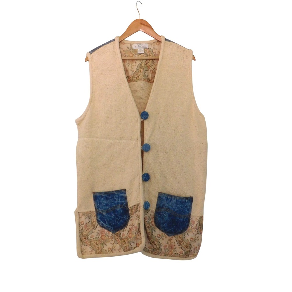 Sandy Starkman‎ Women Vintage Cream Sweater Vest Boho  Sz XL Denim